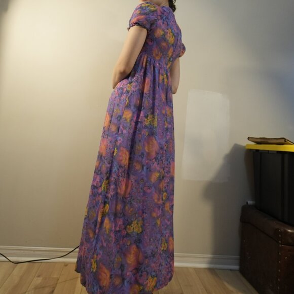 VINTAGE HANDMADE Prairie Cottagecore 70s Short Sleeve Maxi Dress - Size XS/S - Picture 2 of 10